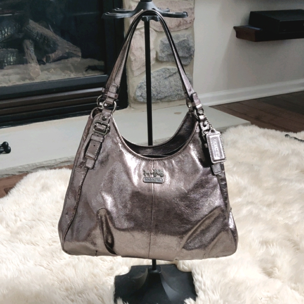 Coach Maggie Gun Metal 3 compartme leather Handbag